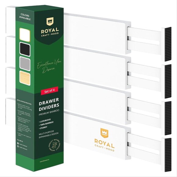 ROYAL CRAFT Bamboo Adjustable Drawer Dividers Organizers Expandable White 4 Pack - Picture 1 of 9